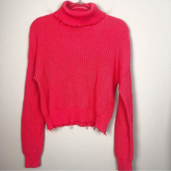 FOREVER 21 | Neon Coral Turtleneck Raw Edge Cropped Sweater Women’s Size Medium - Picture 1 of 8